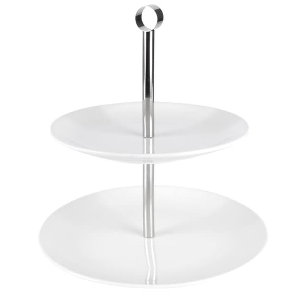 To-lags småkagefad i hvidt porcelæn og rustfrit stål