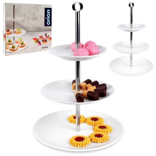 Elegant tre-nivå serveringsfat i porslin och rostfritt stål