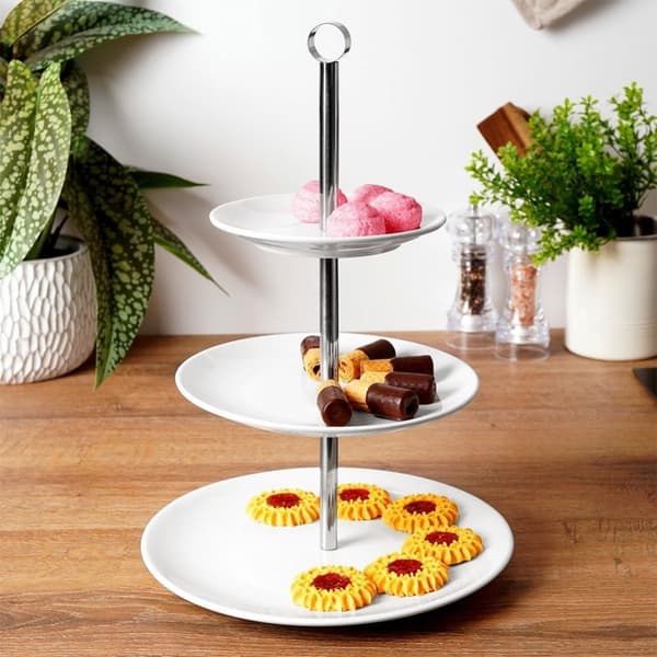 Elegant tre-nivå serveringsfat i porslin och rostfritt stål