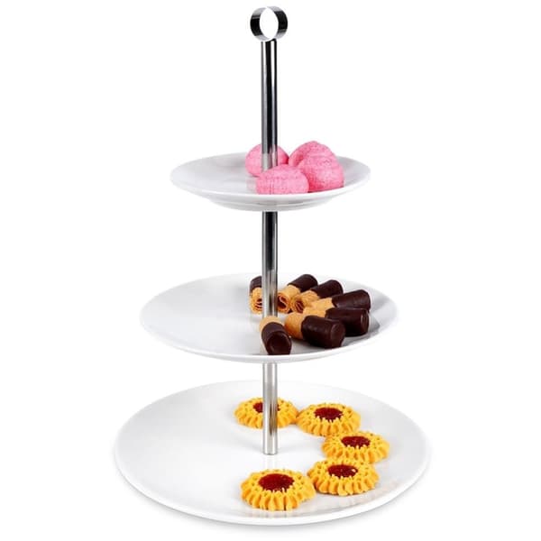 Elegant tre-nivå serveringsfat i porslin och rostfritt stål