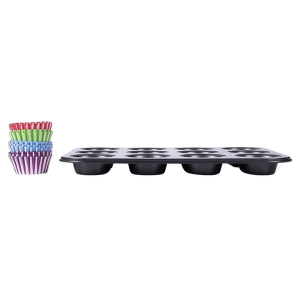 Muffinsform med non-stick og 72 fargerike papirformer