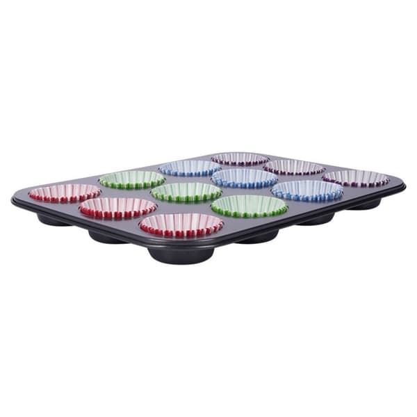 Muffinsform med non-stick og 72 fargerike papirformer