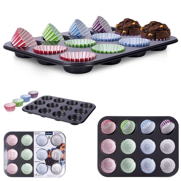 Muffinsform med non-stick og 72 fargerike papirformer