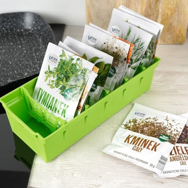 Vihreä maustelaatikko, jossa viisi irrotettavaa lokeroa keittiön järjestämiseen