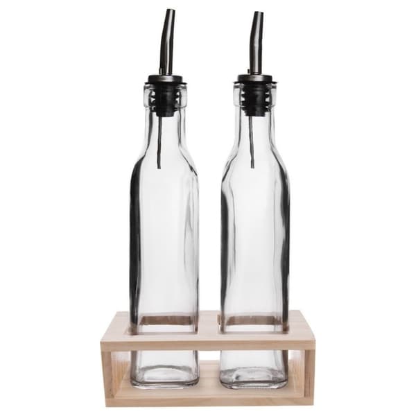 Sett med to glassflasker med dispenser i trestativ