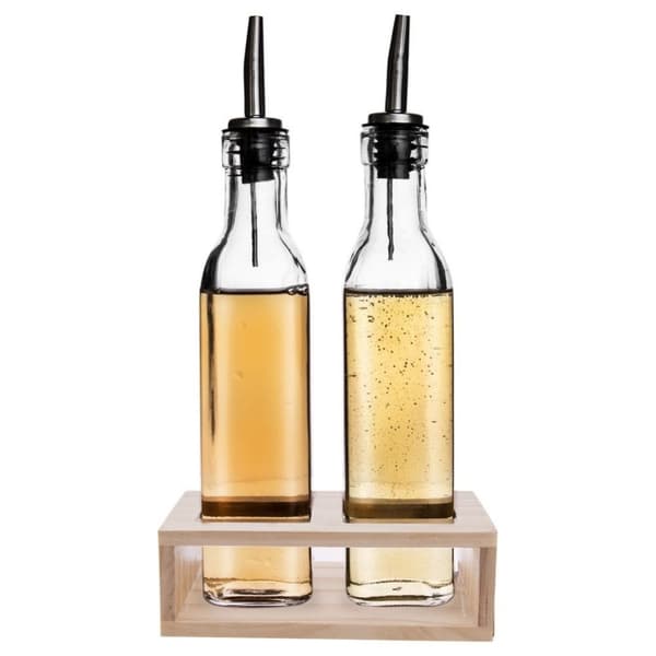 Sett med to glassflasker med dispenser i trestativ