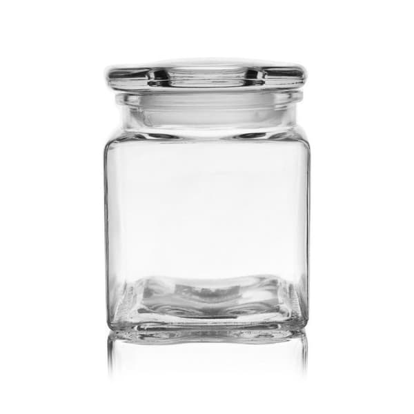 Firkantet glassbeholder med tettsittende lokk for oppbevaring