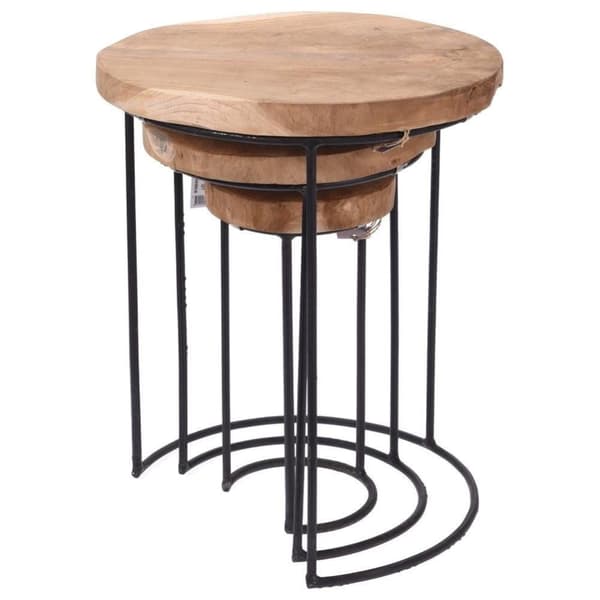 Industrielle salongbord i metall og teak, sett med tre