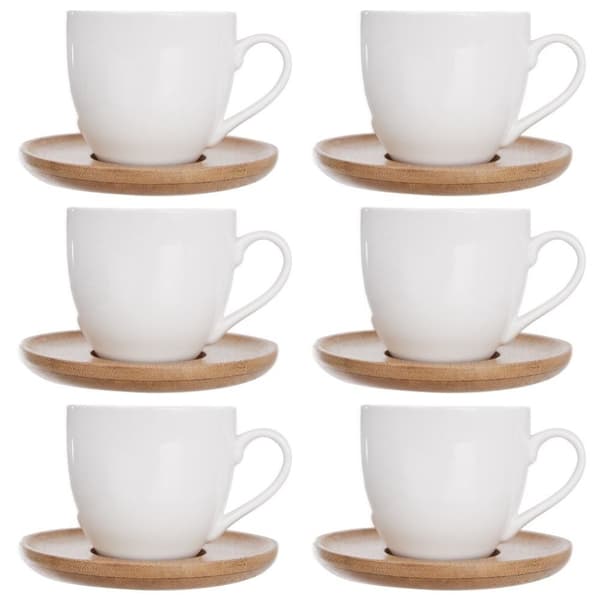 Seks porcelænskopper med bambusskåle i gaveæske