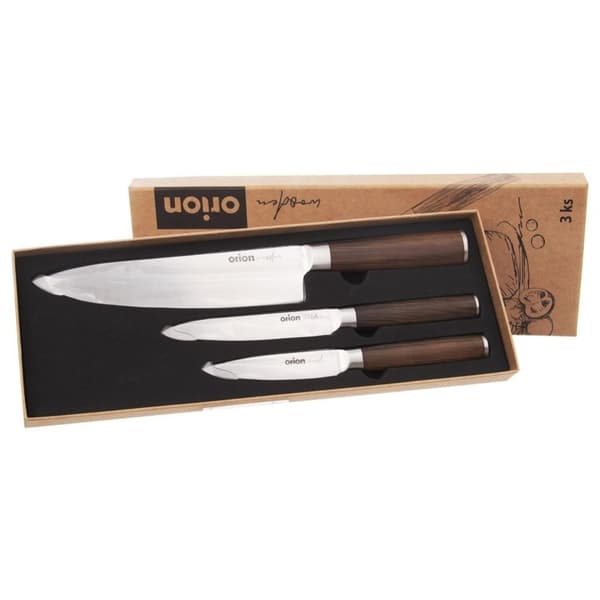 Set med tre köksknivar: kockkniv, universalknivar, rostfritt stål