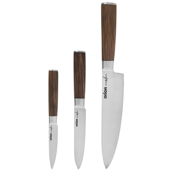 Set med tre köksknivar: kockkniv, universalknivar, rostfritt stål