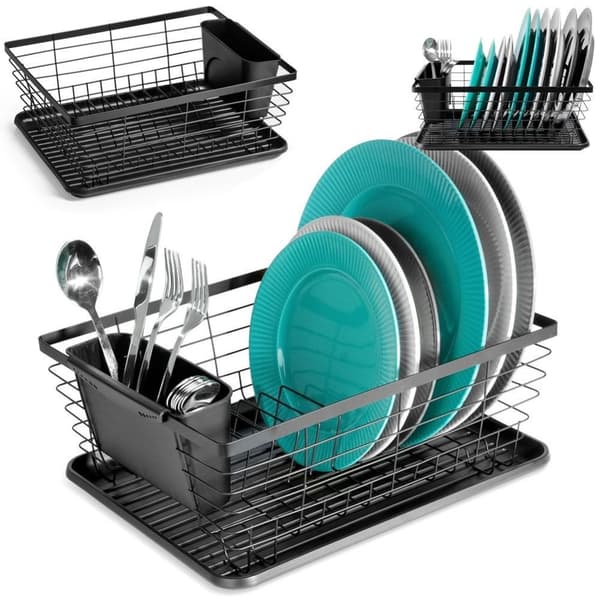 Elegant sort oppvaskstativ med dreneringsbrett