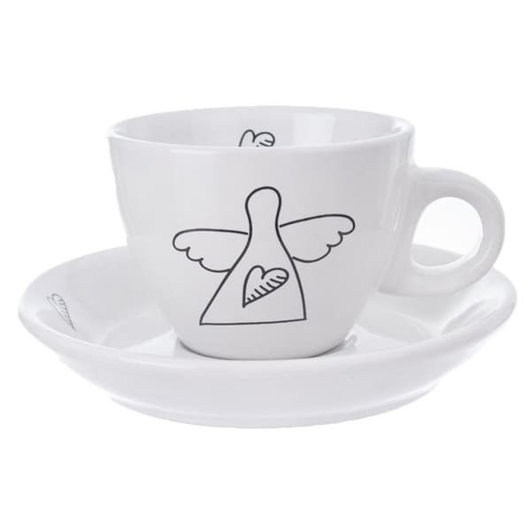 Espressosett med engelmotiv: 2 kopper og fat i hvit keramikk