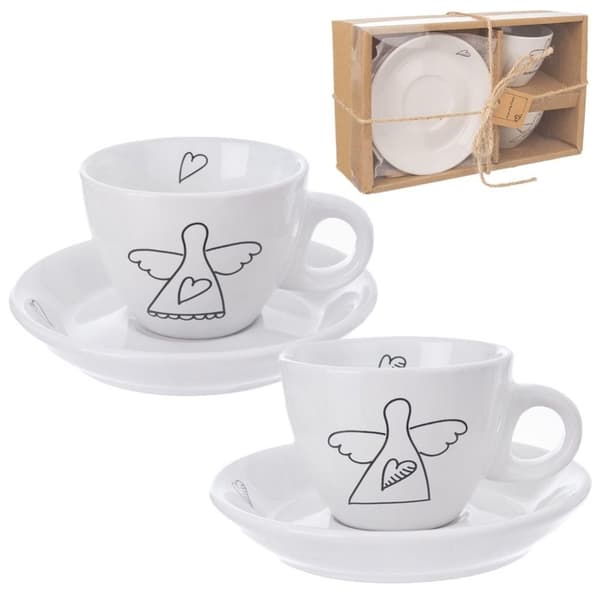 Espressosett med engelmotiv: 2 kopper og fat i hvit keramikk