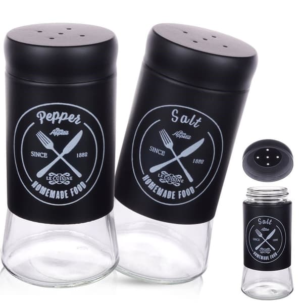 Elegant serveringsset i glas och svart metall för salt & peppar