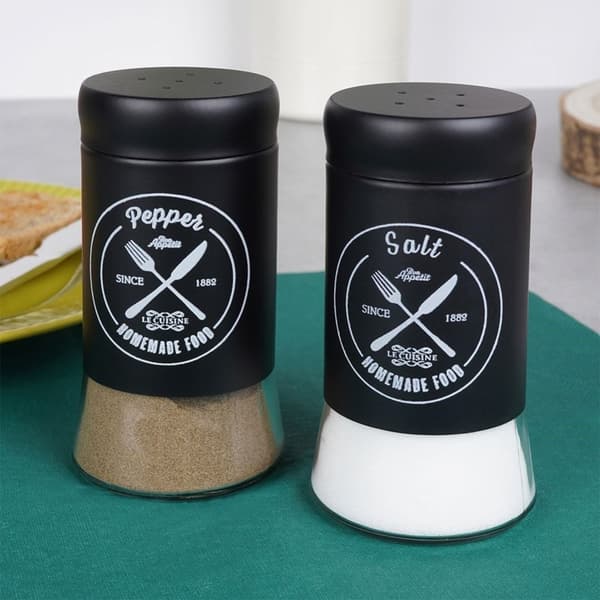 Elegant serveringsset i glas och svart metall för salt & peppar
