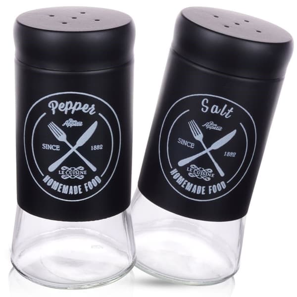Elegant serveringsset i glas och svart metall för salt & peppar