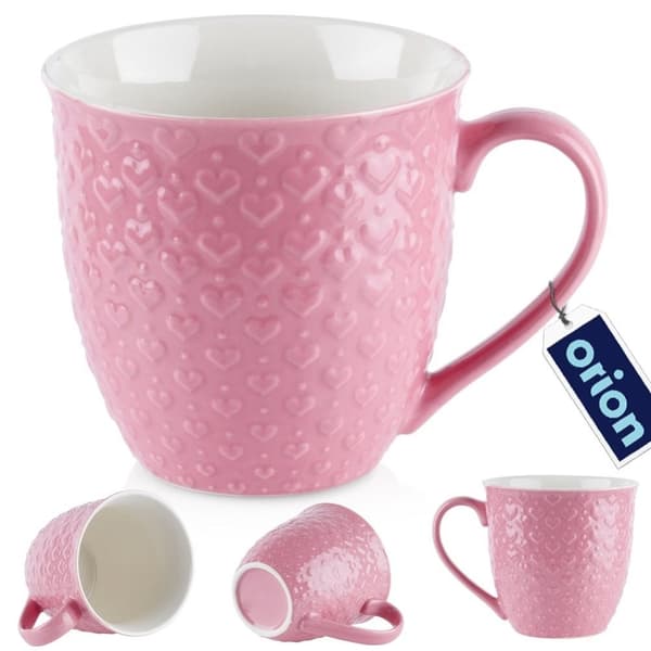 Pink keramisk krus med hjerter, tåler mikroovn og opvaskemaskine