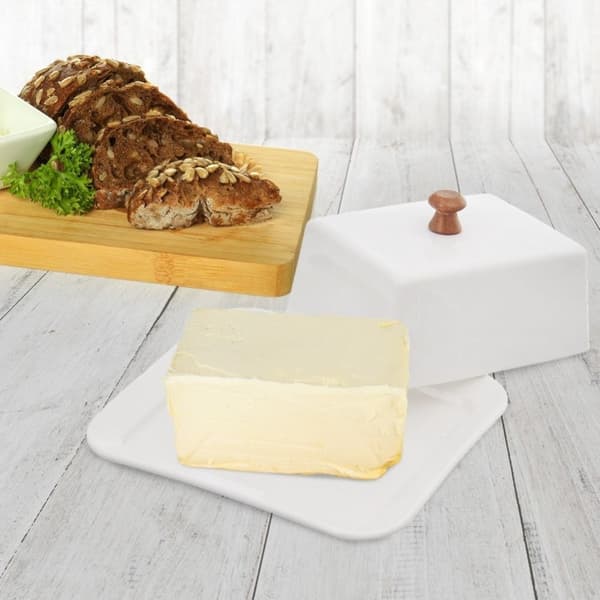 Smørboks i porselen med trehåndtak