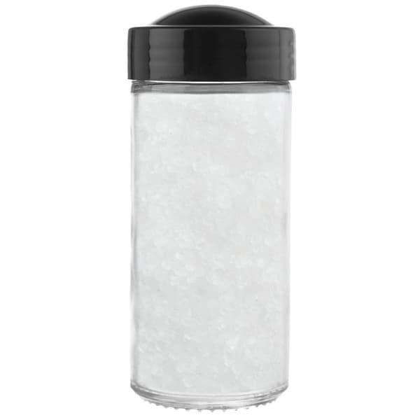Glassbeholder for krydder med sort plastlokk