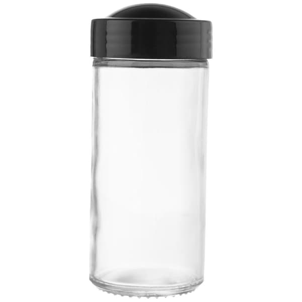 Glassbeholder for krydder med sort plastlokk