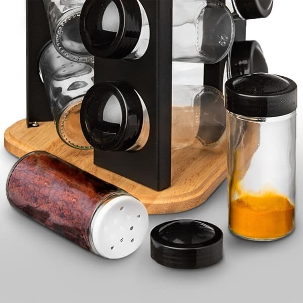 Glassbeholder for krydder med sort plastlokk