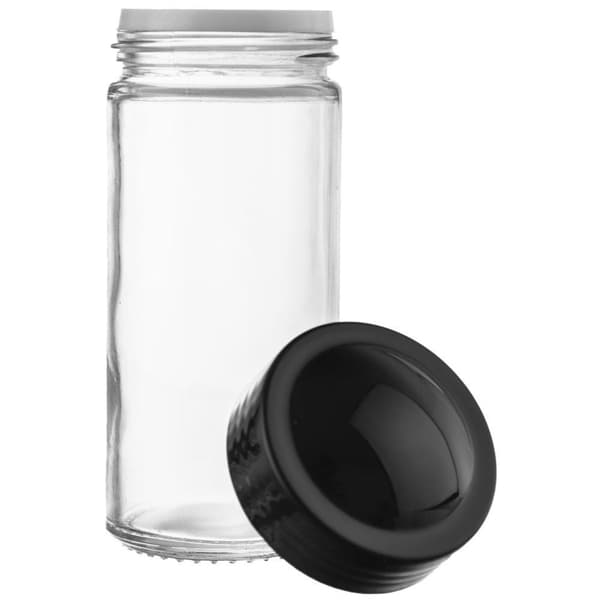 Glassbeholder for krydder med sort plastlokk