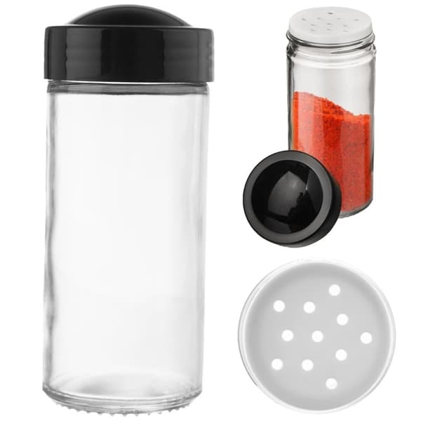 Glassbeholder for krydder med sort plastlokk