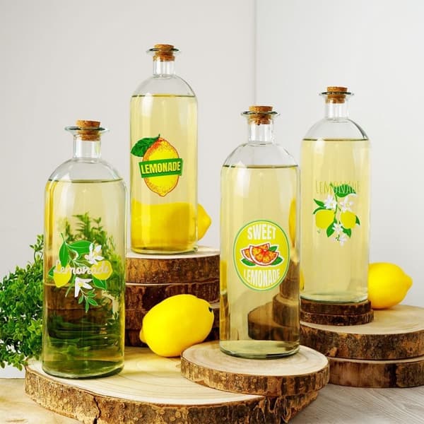 Glasflaske med citronmotiv og korkprop, 1 liter