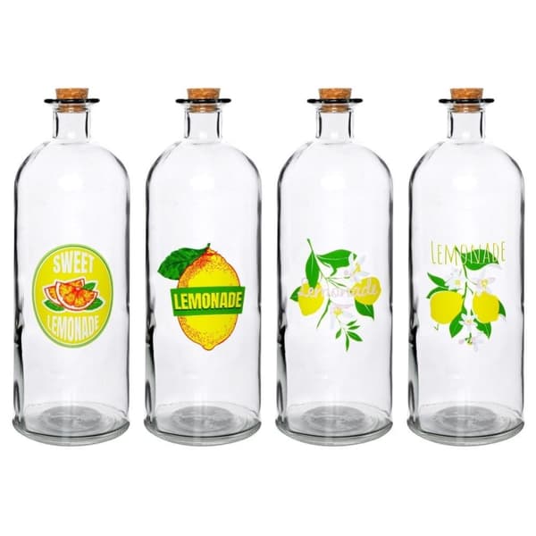 Glasflaske med citronmotiv og korkprop, 1 liter