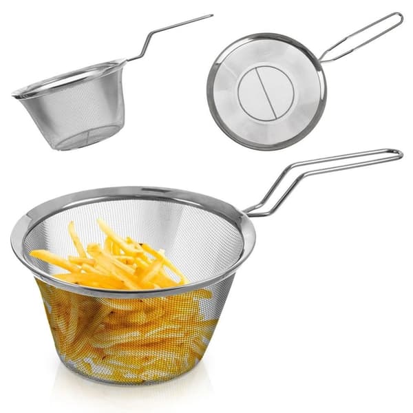 Ståltrådkurv med langt håndtak for steking og siling