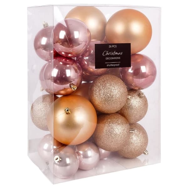 Set med 26 okrossbara julgranskulor i guld och rosa