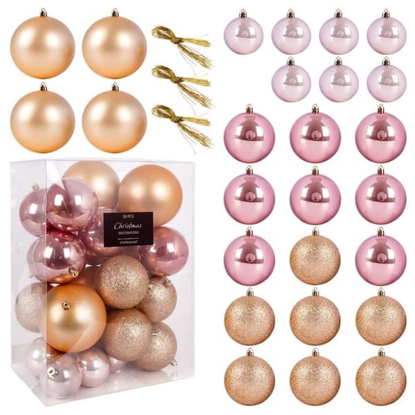 Set med 26 okrossbara julgranskulor i guld och rosa