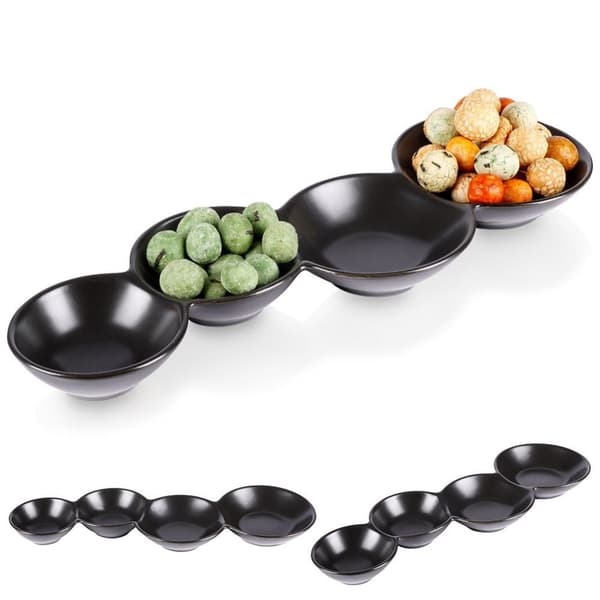 Skål til snacks i sort porcelæn, 4-delt til dyppesovs