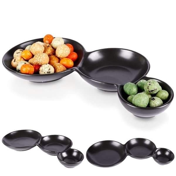 Sort porselensskål med tre rom for snacks og dipsauser