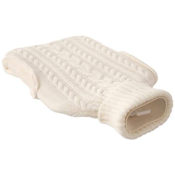 Värmeflaska med mysigt stickat beige överdrag