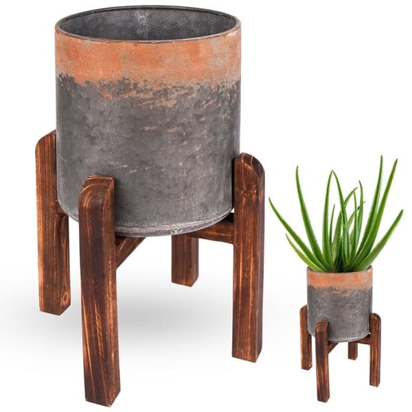 Vintage blomsterpotte i stål med trestativ