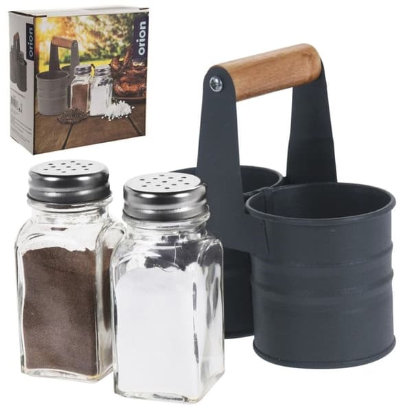 Salt- og pepperbøsser i glass med metallstativ