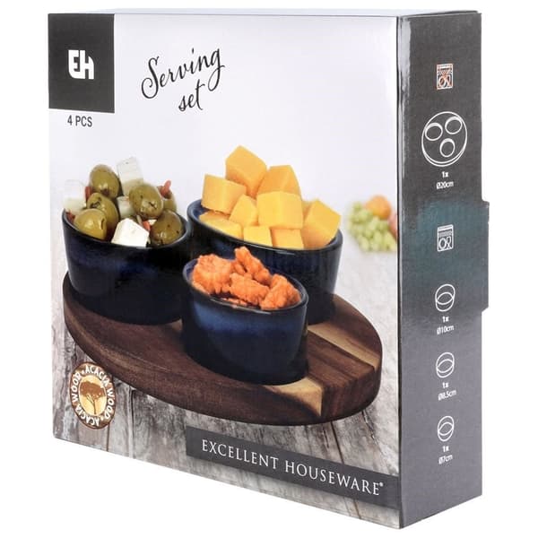 Sæt med tre skåle på rund bakke til servering af snacks
