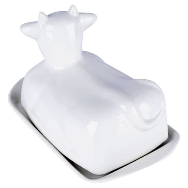 Elegant smörbytta i form av ko, vit porslin, med lock