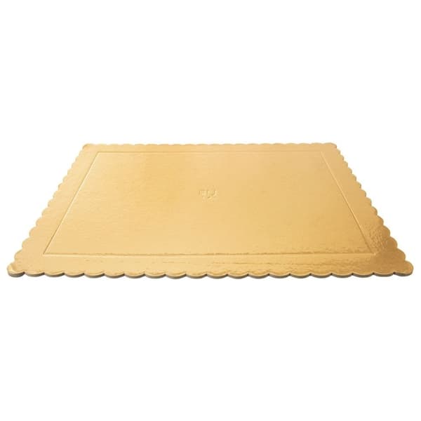Rektangulært kakefat 40x30 cm i skinnende gullpapp