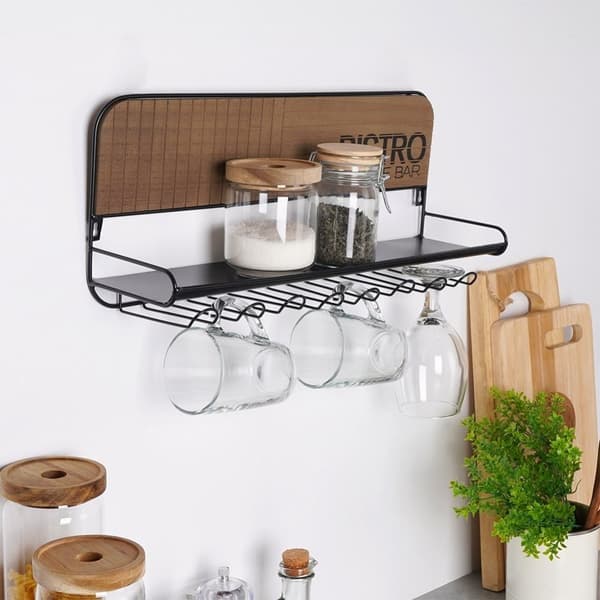 Ophæng til glas og kopper med hylde i sort metal