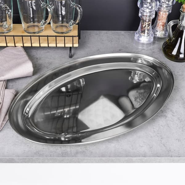 Oval serveringsbakke i højglans rustfrit stål, robust og holdbar