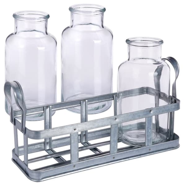 Set med 3 eleganta glasvaser på stilren metallställning