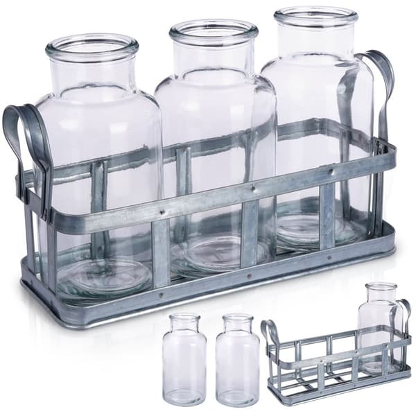 Set med 3 eleganta glasvaser på stilren metallställning