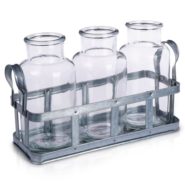 Set med 3 eleganta glasvaser på stilren metallställning