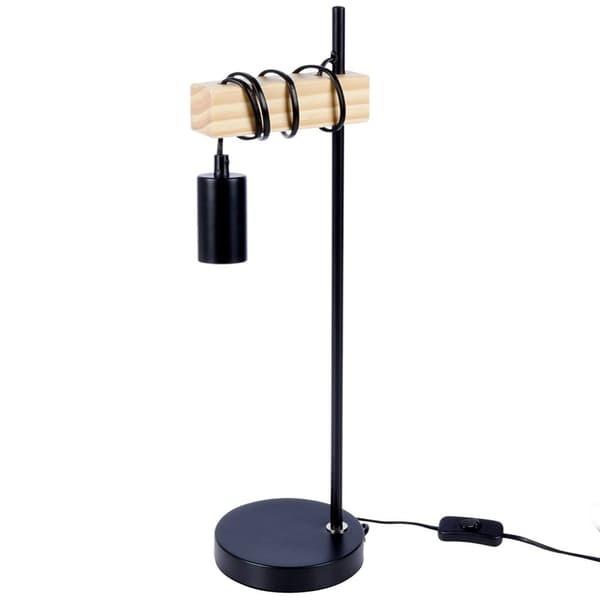 Elegant bordlampe i matt sort metall og tre for en industriell stil
