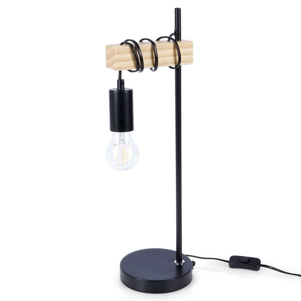 Elegant bordlampe i matsort metal og træ til en industriel stil