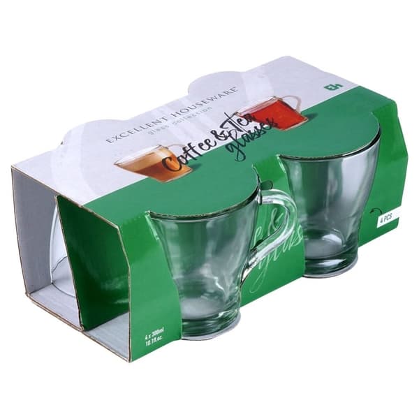Sæt med 4 glas med håndtag, tykt glas, tåler opvaskemaskine og mikroovn