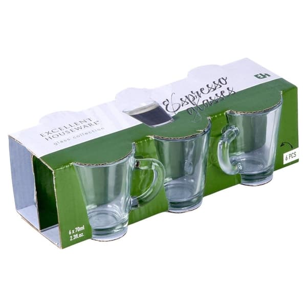 Sett med 6 små glass med håndtak for espresso, tykt glass